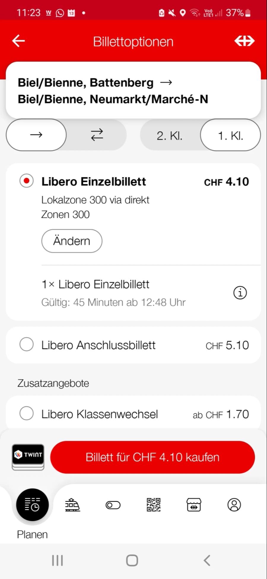 Obwohl es im Bus keine 1. Klasse gibt, ist die Fahrt beim Klick auf die 1. Klasse mit 4.10 Franken deutlich teurer.