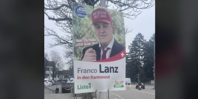 Das Wahlplakat von SVP-Politiker Franco Lanz sorgt für Aufsehen im Netz. Wahlplakat SVP Solothurn