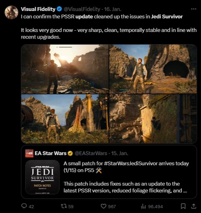 Auch auf X kommt das Update gut an. Star Wars Jedi: Survivor