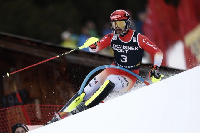 Loïc Meillard ist im ersten Lauf von Wengen noch nicht auf Touren gekommen. Keystone