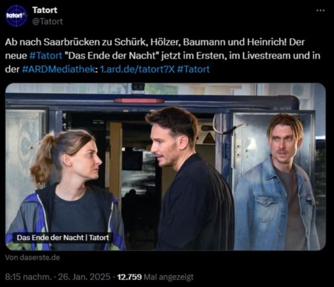 Bei Fragen zum Ausgang des Tatort Saarbrücken verweist der Sender auf die Funktion eines Cliffhangers. Tatort Saarbrücken Tweet