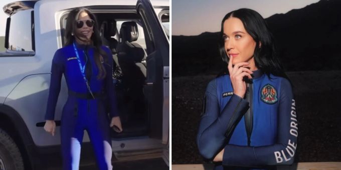 Lauren Sanchez (l.) und Katy Perry (r.) zeigen die Weltraumanzüge, mit denen sie ins All fliegen werden. Sanchez Perry