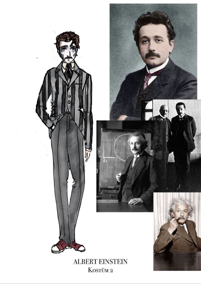 Kostümskizze für den 1. Akt. Einstein Fotografien Collage Kostümskizze