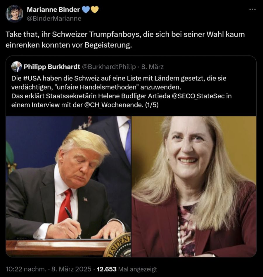 Mitte-Politikerin Marianne Binder wendet sich auf X an Schweizer Fans von Donald Trump.