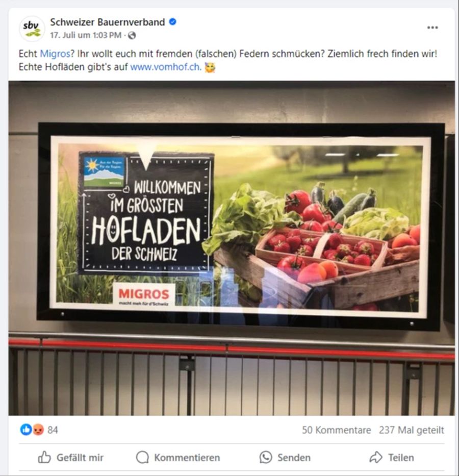 Der Schweizer Bauernverband greift die Migros auf Facebook an.