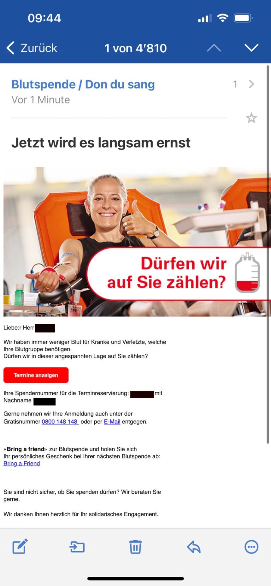 Blutspendenaufruf Mail