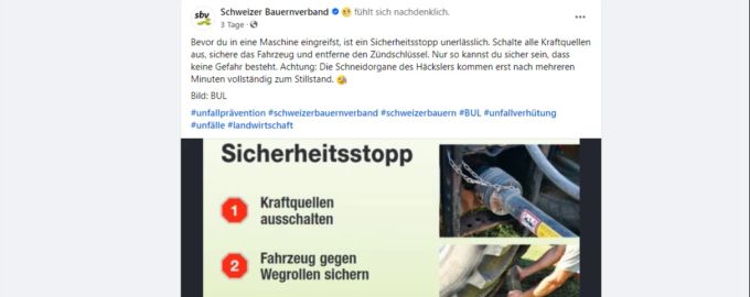 In diesem Post klärt der Schweizerische Bauernverband über die Wichtigkeit des Sicherheitsstopps bei Wartungsarbeiten auf. Bauern Sicherheitsstopp Wartung