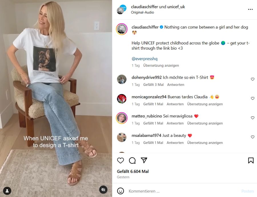 Dieses T-Shirt entwickelte Claudia Schiffer für das Unicef-Kinderhilfswerk.