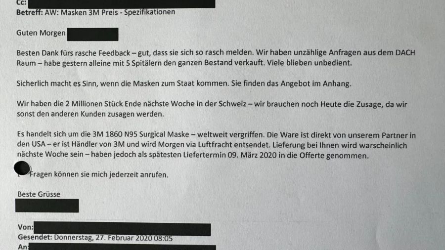 Im E-Mail-Verkehr verspricht Emix Trading dem VBS spezifische 3M-Masken – angeblich «weltweit vergriffen».