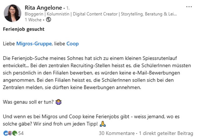 Keine Reaktion von Migros und Coop: Mutter und Familienbloggerin Rita Angelone fragt auf Linkedin bei der Ferienjobsuche um Rat. Migros
