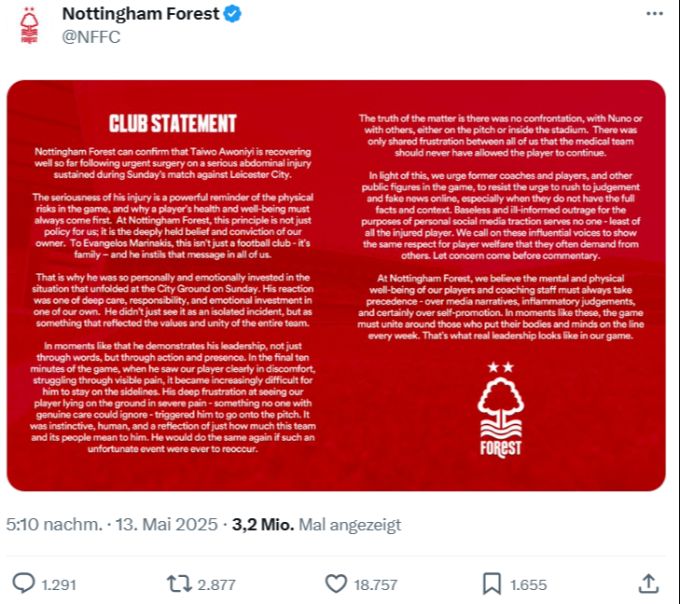 Die Stellungnahme von Nottingham Forest zum Awoniyi-Vorfall in der Premier League. Premier League