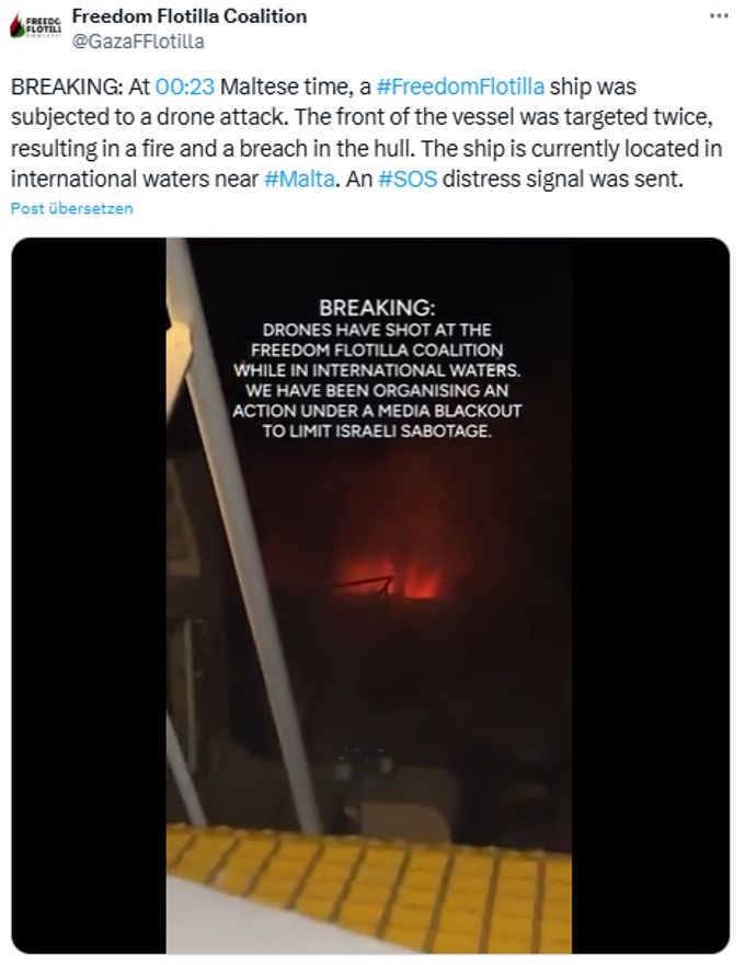 Vor der Küste Maltas ist ein Hilfsschiff für Gaza in Flammen aufgegangen. Hilfsschiff