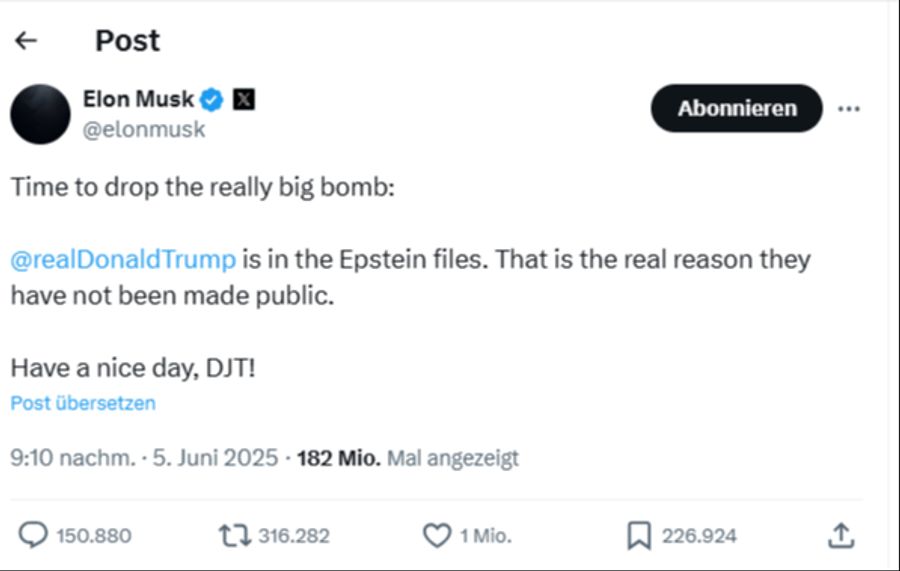 Der Tech-Milliardär droht weiter, im Fall des berüchtigen Sexualstraftäters Jeffrey Epstein, «die grosse Bombe» platzen zu lassen.