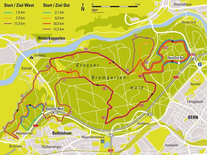 Der Bremgartenwald an der Berner Stadtgrenze ist ein beliebter Wald zum Joggen. Im südöstlichen Teil (auf der Karte rechts) kam es kürzlich zu drei Vorfällen sexueller Gewalt. Bremgartenwald