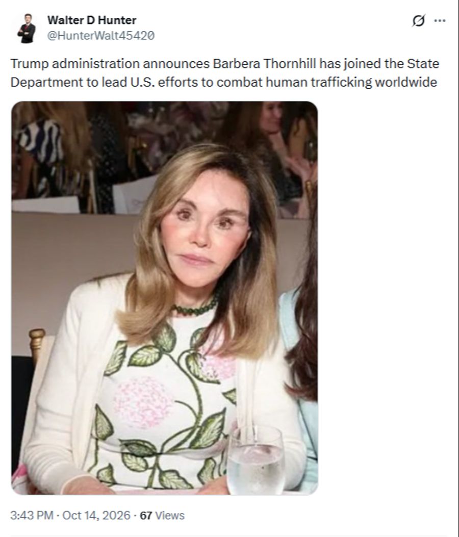 Barbera Thornhill wurden von Donald Trump zur Sonderbotschafterin für die Bekämpfung von Menschenhandel ernannt. Wegen ihres Aussehens erntet sie viel Spott und ging viral.