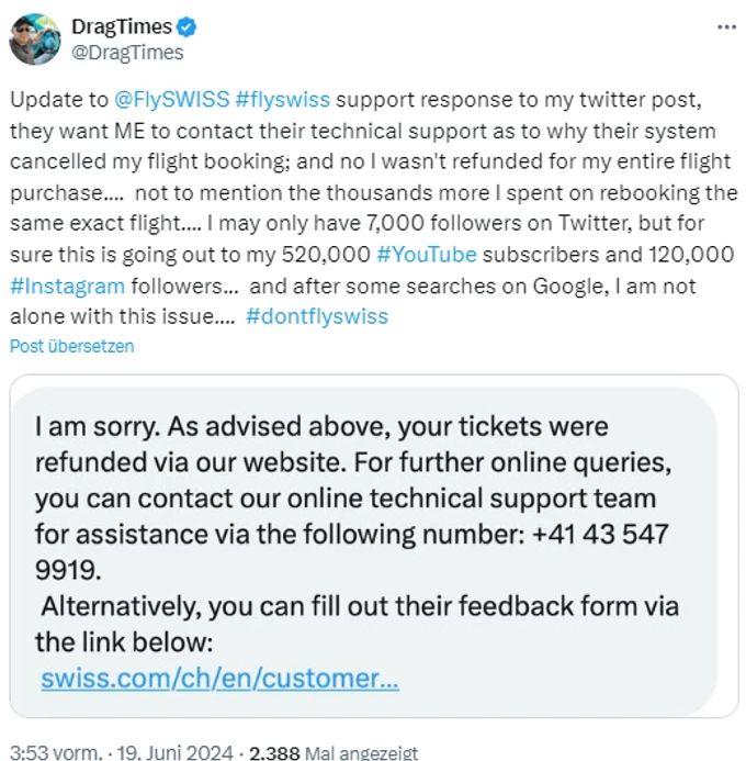 Laut der Fluggesellschaft Swiss hat der Passagier seine Buchung selbst storniert – davon weiss er aber nichts. Fluggesellschaft Swiss