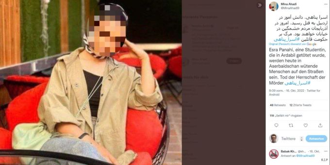 Im Iran wurde die 16-jährige Asra Panahi von Sicherheitskräften in ihrer Schule zu Tode geprügelt. Iran