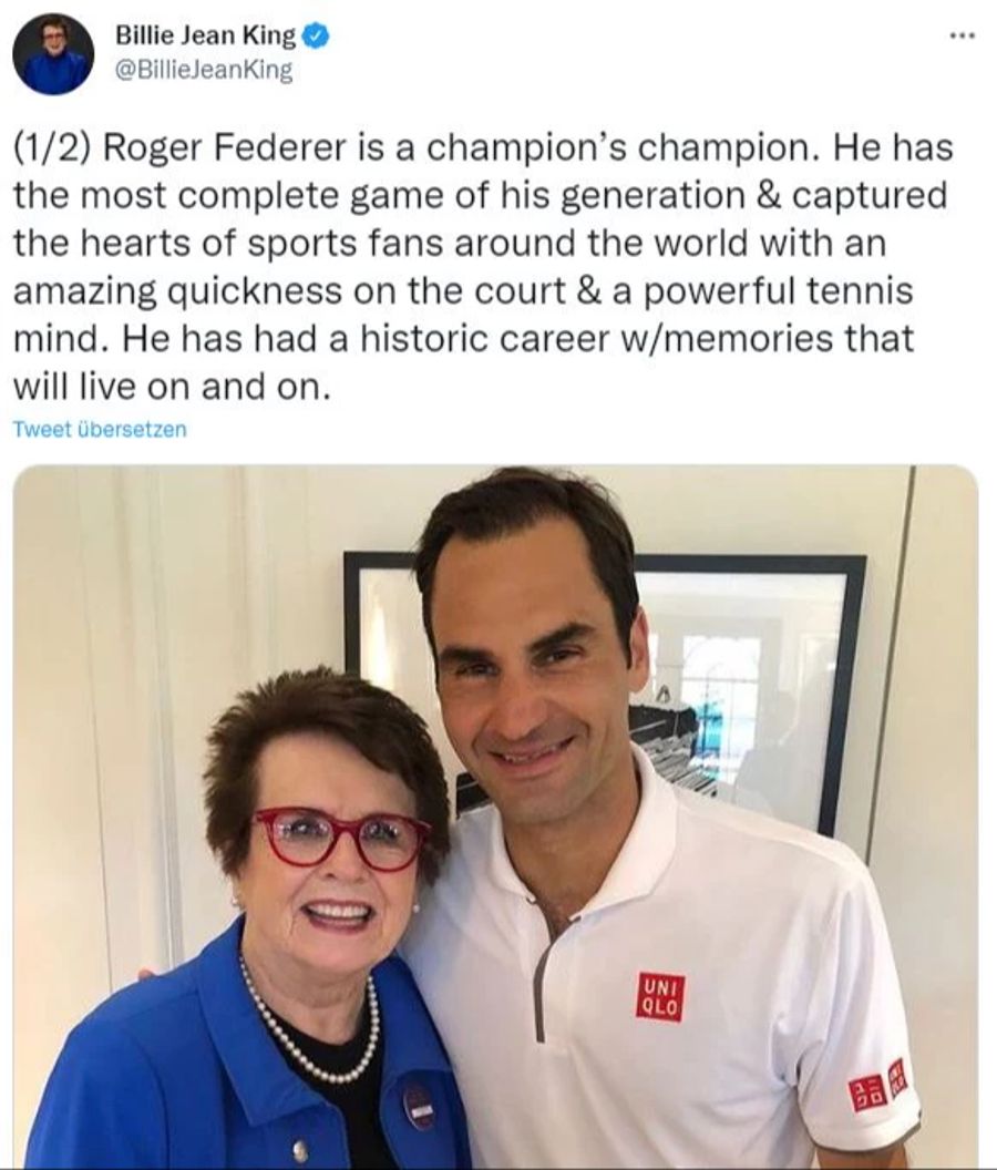 Auch Tennis-Ikone Billie Jean King bedankt sich bei Roger Federer.