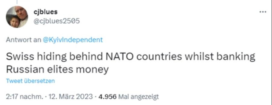 Die Schweiz verstecke sich hinter den Nato-Staaten während sie das Geld der russischen Elite verwaltet, kritisiert ein Twitter-Nutzer unter dem Beitrag von «Kyiv Independent» über die Entsor