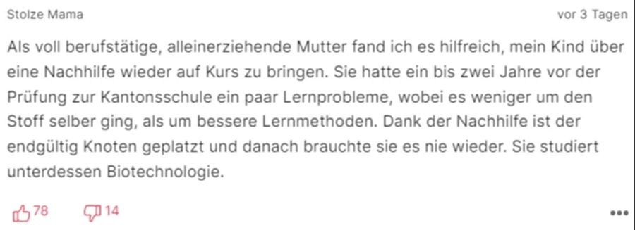 Eine «stolze Mama» berichtet von ihren positiven Erfahrungen mit Nachhilfe für ihre Tochter.