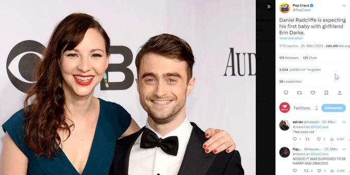 Daniel Radcliffe erwartet sein erstes Kind mit seiner Freundin Erin Darke. Daniel Radcliffe