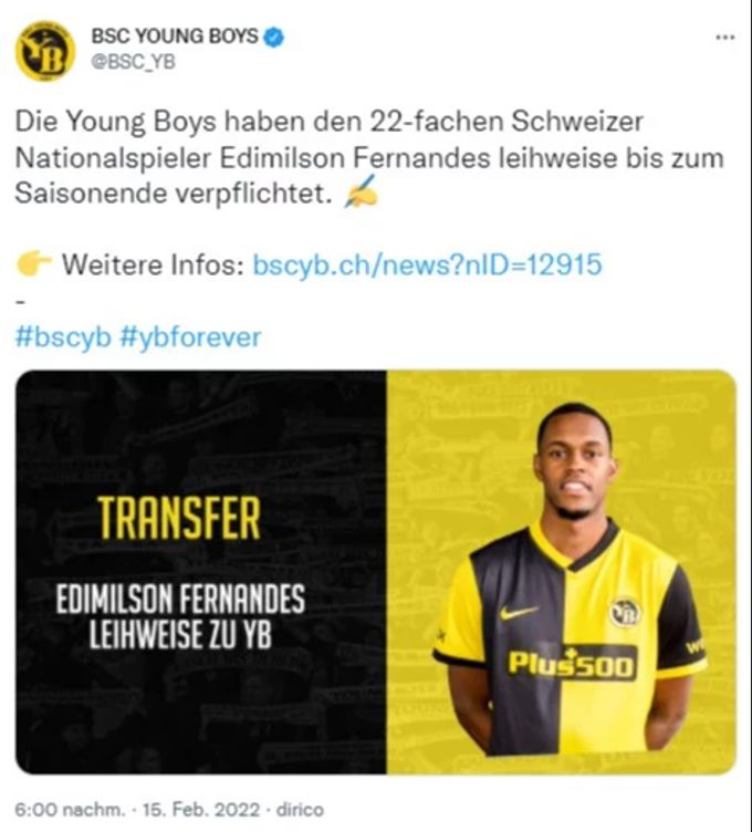YB gibt die Verpflichtung von Edimilson Fernandes bekannt. YB