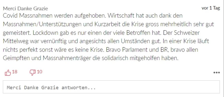 «Bravo Parlament und BR» lobt dieser Leser die Corona-Entscheide der Schweiz.