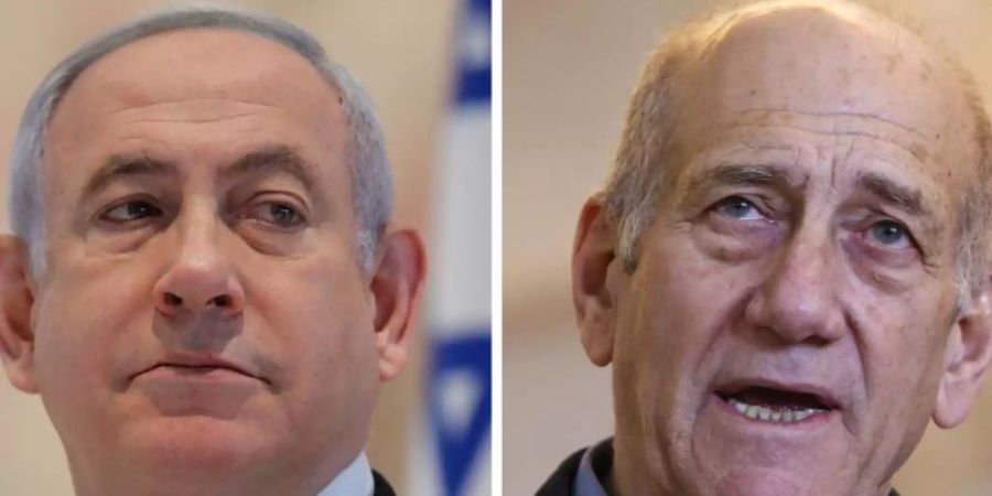 Archivfotos von Benjamin Netanjahu (l), damals Ministerpräsident von Israel, aufgenommen 2020, und Ehud Olmert, ehemaliger israelische Ministerpräsident, im Jahr 2015. Foto: Abir Sultan/Pool European Pressphoto Agency/dpa
