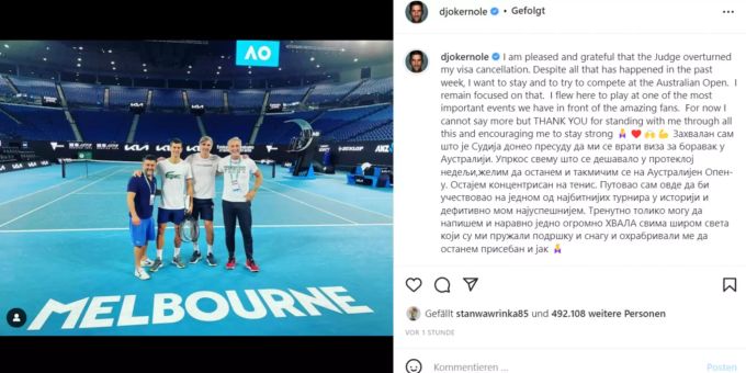 Novak Djokovic steht bereits wieder auf dem Tennis-Platz. Novak Djokovic