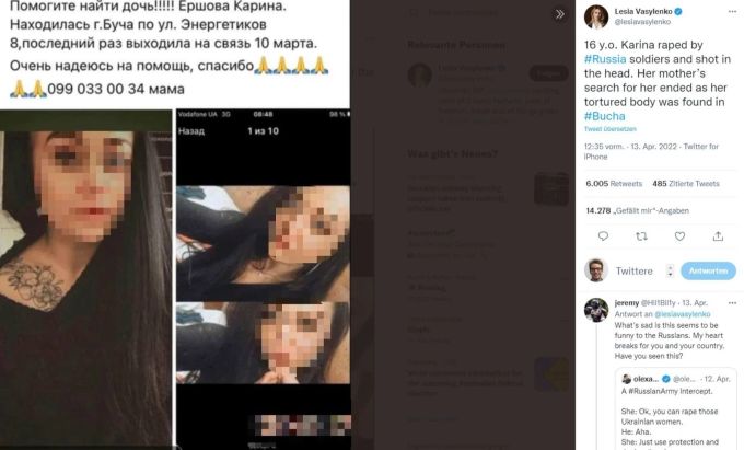 Die 16-jährige Karina wurde von russischen Streitkräften im Ukraine-Krieg vergewaltigt und erschossen. Ukraine-Krieg