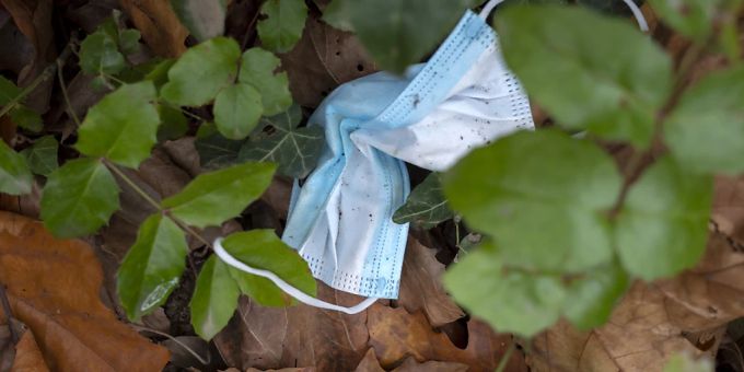 Eine gebrauchte Gesichtsmaske liegt zwischen Blättern auf dem Boden. (Symbolbild) maske Coronavirus