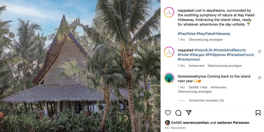 Instagram Post Luxushotel Palmenblätterdach in den Tropen.