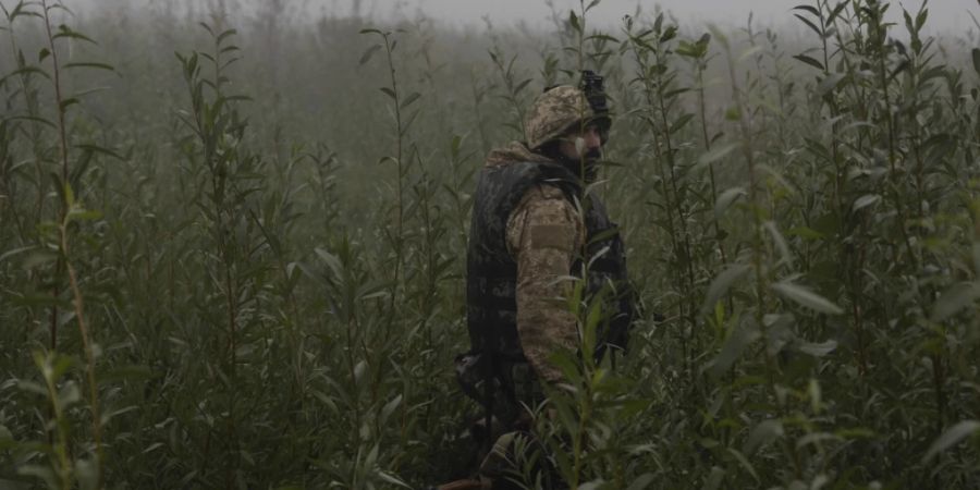 Ein ukrainischer Marinesoldat geht durch ein Gelände an der Frontlinie in der Nähe des Flusses Dnepr. Foto: Alex Babenko/AP/dpa