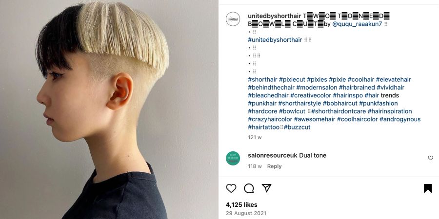 Instagram Post: Asiatin mit kurzen schwarz weissen Haaren und Undercut.