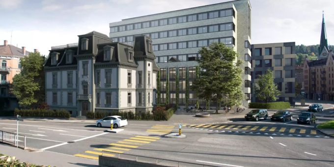 Die Villa Wiesental mit einer Visualisierung des Neubaus dahinter. Villa Wiesental