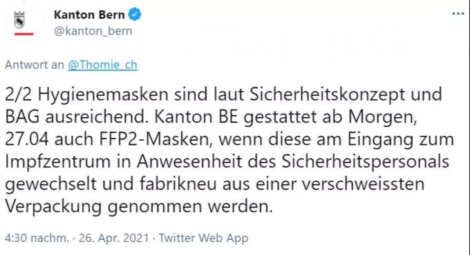 Diskussion über FFP2-Masken in Impfzentren im Kanton Bern. Masken Coronavirus Kanton Bern
