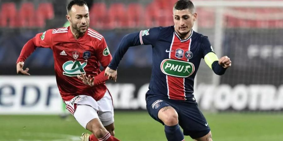 Marco Verratti (r) wird PSG gegen Bayern wohl fehlen. Foto: Fred Tanneau/AFP/dpa