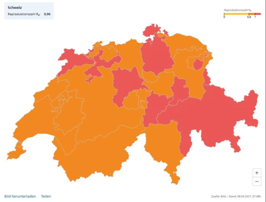 Noch am Sonntag lag die Situation bezüglich R-Wert des Coronavirus im grünen (beziehungsweise orangen) Bereich.