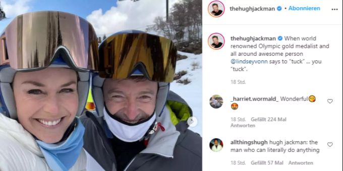 Hugh Jackman und Lindsey Vonn beim gemeinsamen Skifahren. hugh jackman