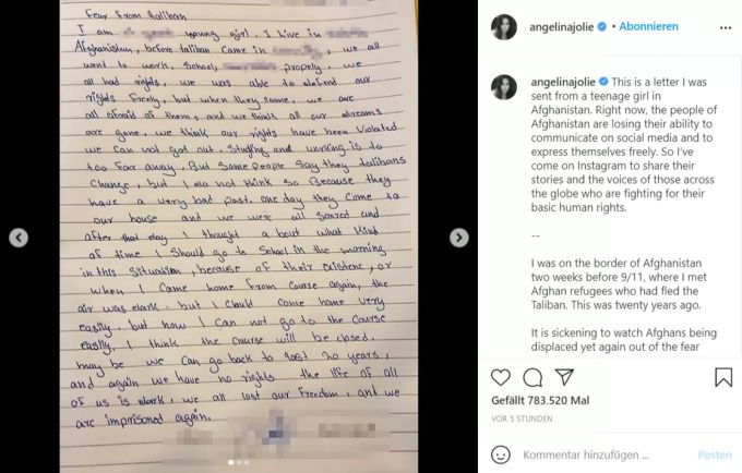 Der Brief, den Angelina Jolie von einem afghanischen Mädchen bekommen hat. Angelina Jolie