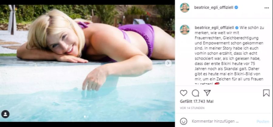 Beatrice Egli feiert 75 Jahre des Bikinis auf Instagram.