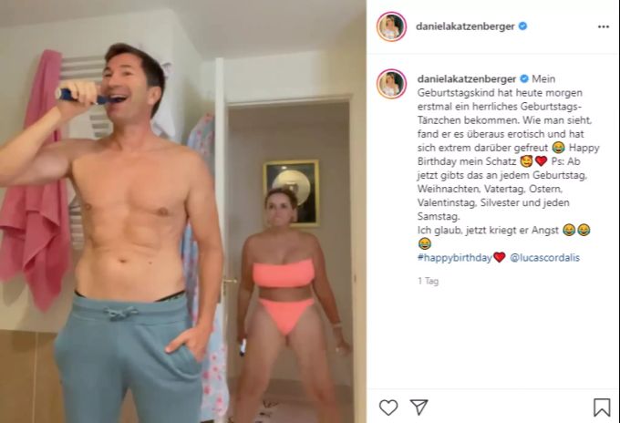 Beim Zähneputzen wird Lucas Cordalis von seiner Ehefrau Daniela Katzenberger im Bikini überrascht. Daniela Katzenberger