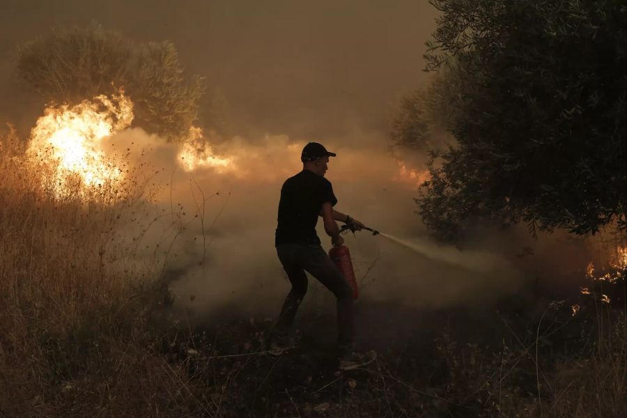 Ein Anwohner bekämpft die Flammen während eines Waldbrandes im Dorf Pefki auf der Insel Euböa.