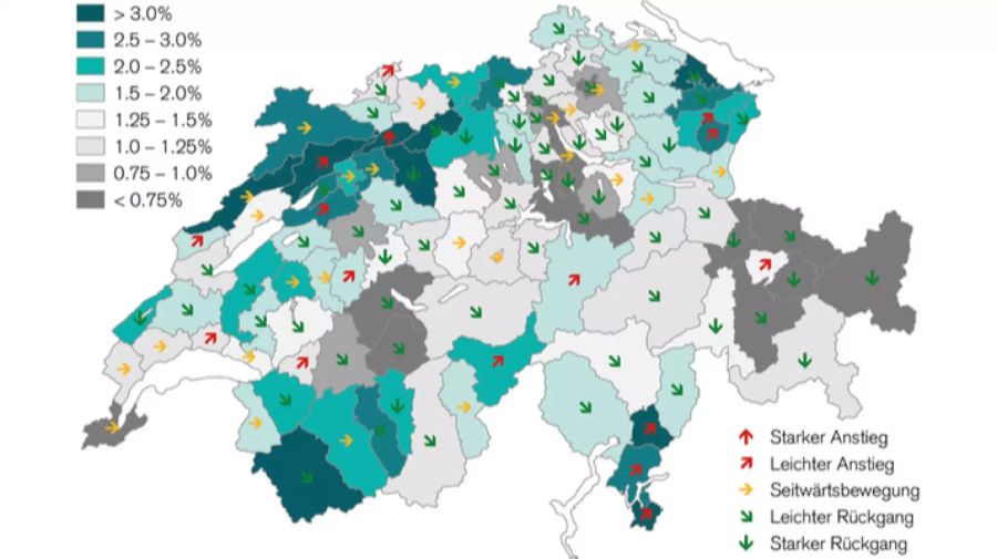 Weniger Leerwohnungen in vielen Agglomerationsgemeinden und ländlichen Regionen.