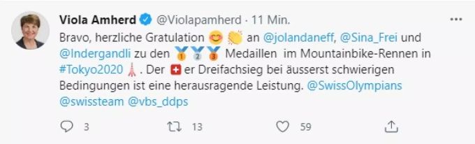 Viola Amherd gratuliert kurz nach Rennschluss auf Twitter. Olympia 2021