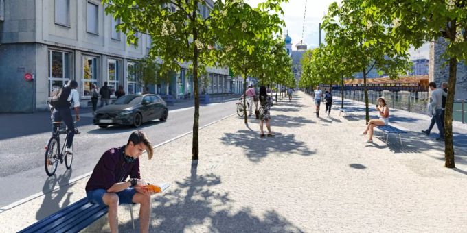 Eine Visualisierung der neuen Bahnhofstrasse Luzern mit mehr Grün. Bahnhofstrasse Luzern