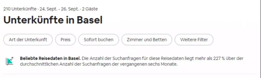 Am Donnerstagmorgen standen für Übernachtungen vom 24. bis zum 26. September 2021 noch 210 Airbnb-Unterkünfte zur Verfügung.