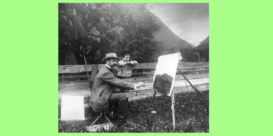 Ferdinand Hodler bei der Arbeit im Bad Heustrich bei Spiez (1916).