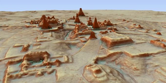 Dieses hergestellte 3D-Bild zeigt eine Darstellung der Ausgrabungsstätte einer Maya-Stadt. Dieses hergestellte 3D-Bild zeigt eine Darstellung der Ausgrabungsstätte einer Maya-Stadt.