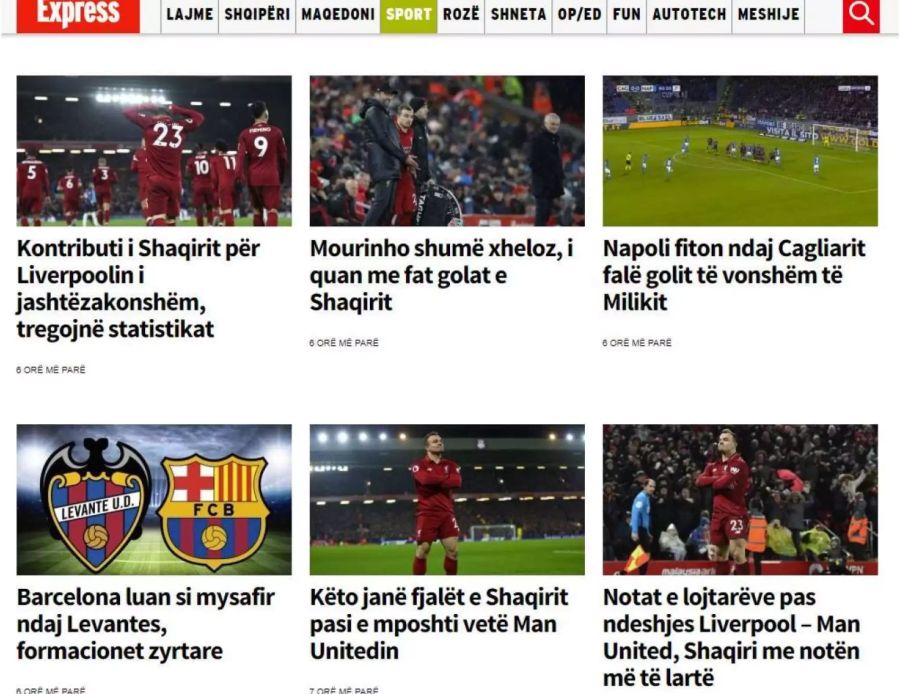 Die «Gazeta Express» aus dem Kosovo hat ihren Sportteil mit Artikeln über Shaqiri zugepflastert. Insgesamt finden sich neun Artikel über den schweiz-kosovarischen Doppelbürger und seinen Verein Liverpool – diese reichen von Interviews, über Matchberichte bis hin zu Statistiken.